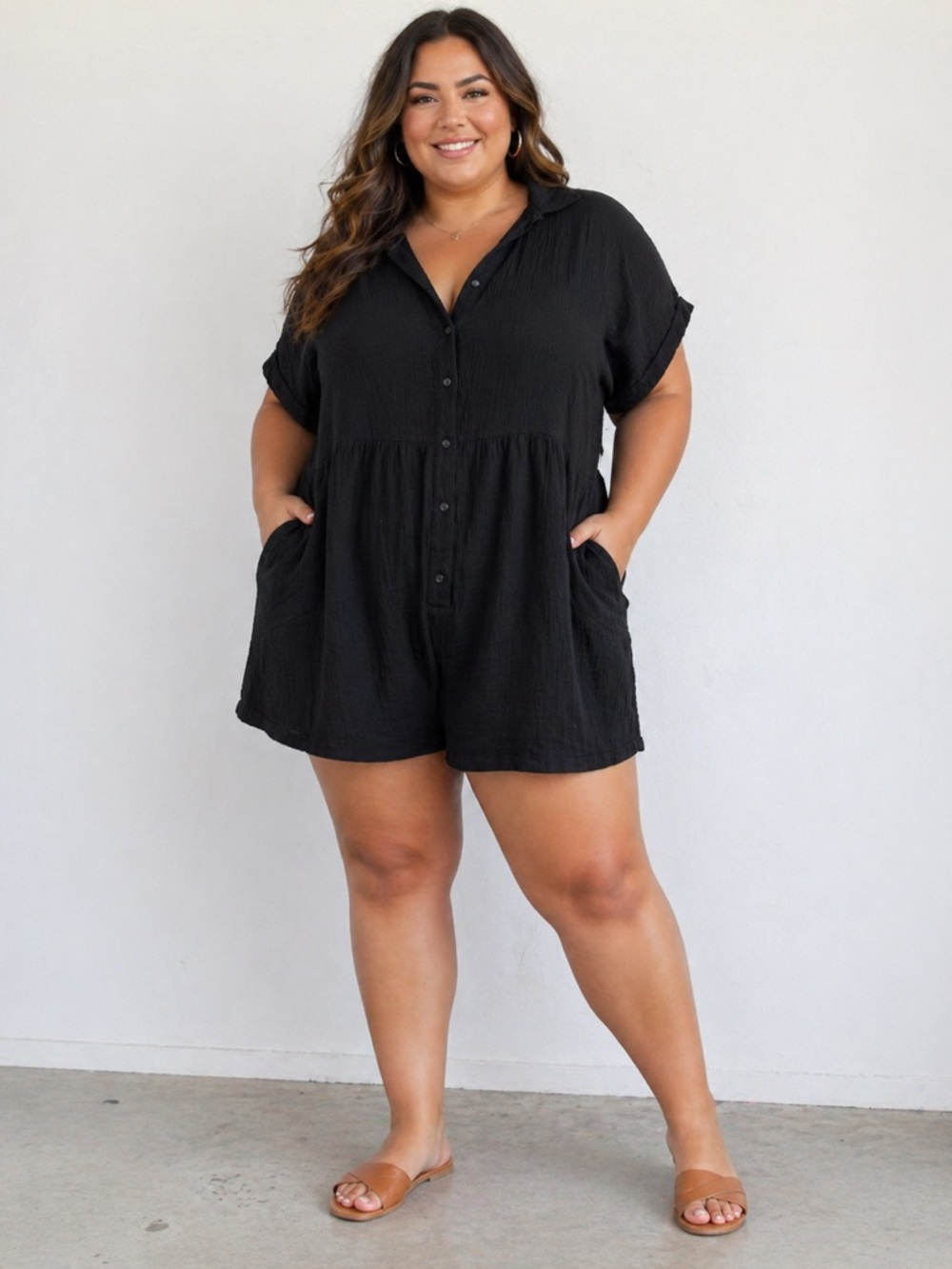 Petal & Pup Black Short Sleeve Button-Down Romper Casual Sz 16-Chic